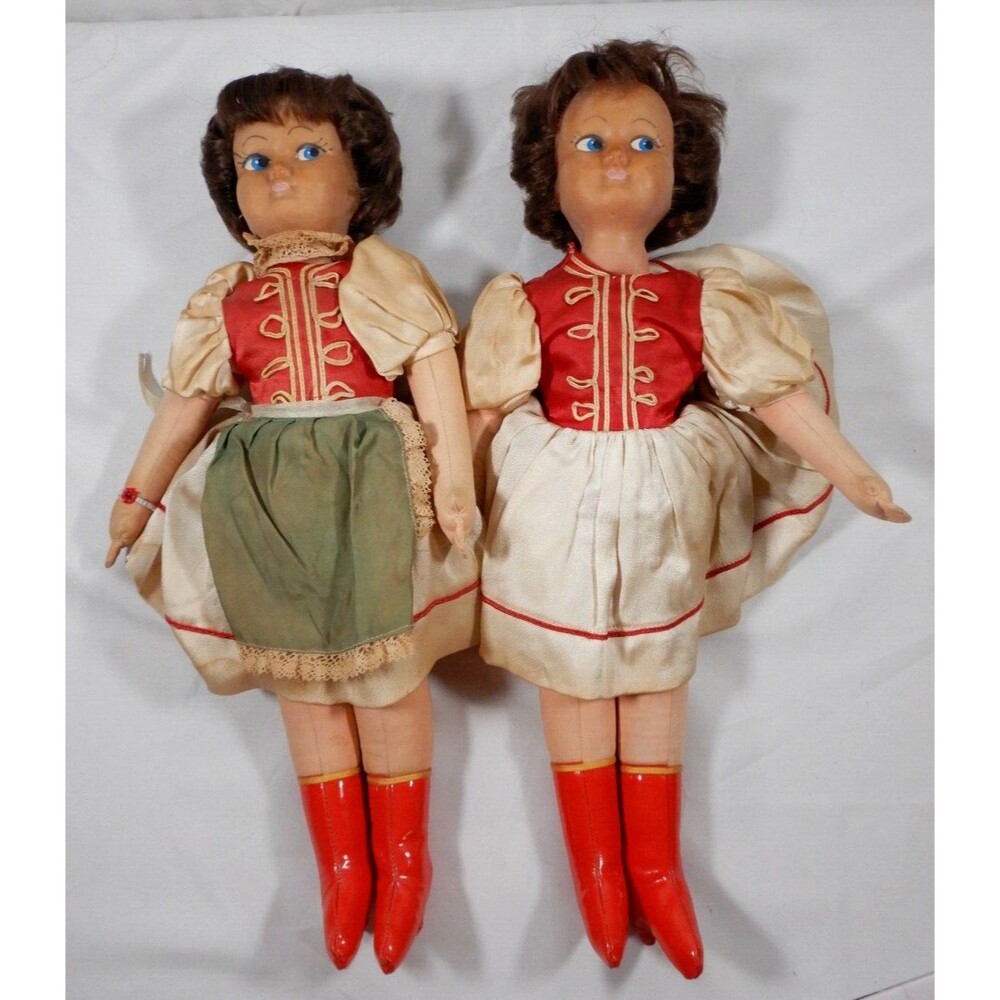 Rubber Faced Cloth Dolls 18" Unmarked Fabric Red Boots Blue Eyes Brunette Cloth